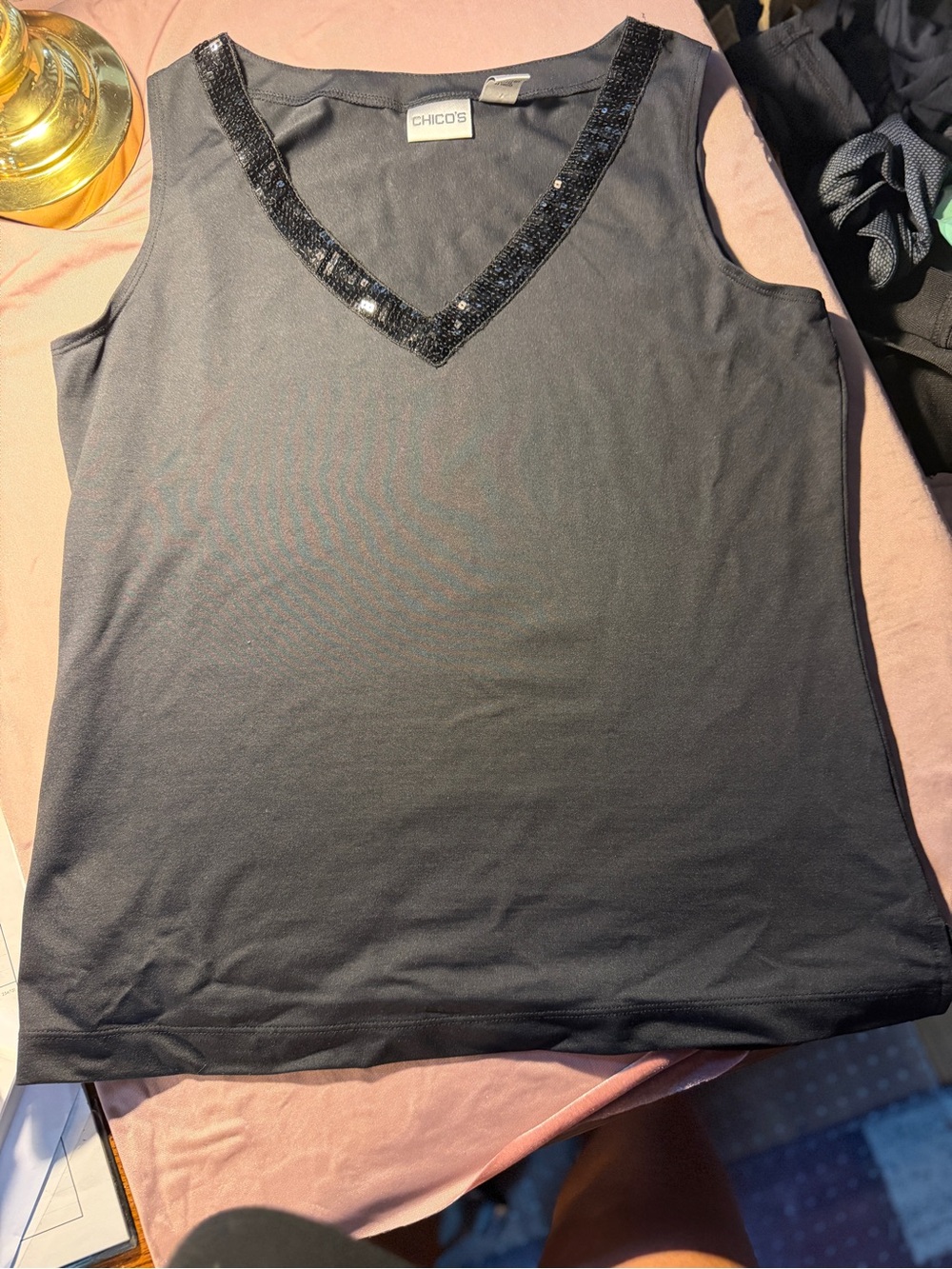 Chico's Black Sleeveless V-Neck Tank with Sequin Trim